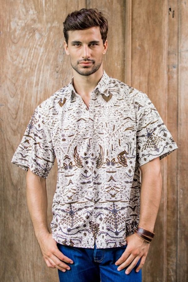 Alternate image for Mens Brown  White Short Sleeve Cotton Batik Button Shirt Continuous Love