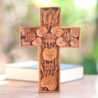 Alternate image for Hand Carved Wood Wall Cross with Lotus Blossoms Lotus Blossoms