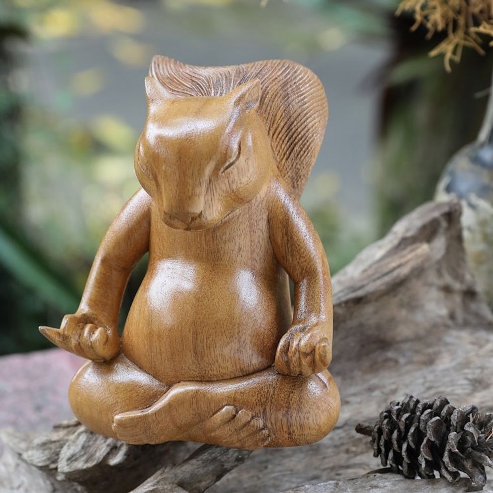 Hand-Carved Polished Suar Wood Squirrel Statuette from Bali 'Prudent Master'