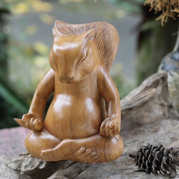 Alternate image for Hand-Carved Polished Suar Wood Squirrel Statuette from Bali Prudent Master