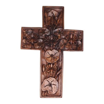 Alternate image for Hand Carved Wood Wall Cross with Lotus Blossoms Lotus Blossoms