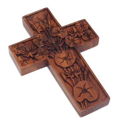 Alternate image for Hand Carved Wood Wall Cross with Lotus Blossoms Lotus Blossoms
