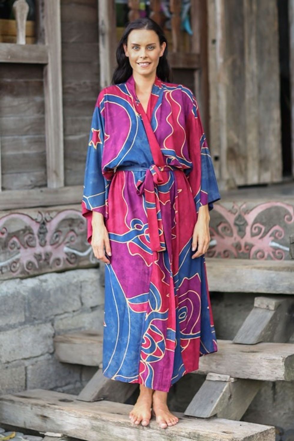 Women's Batik Patterned Robe 'Exotic Blue'