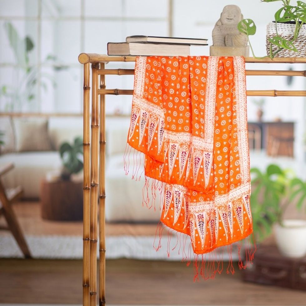 Batik Silk Shawl with Truntum Motifs in Tangerine from Bali 'Truntum Majesty'