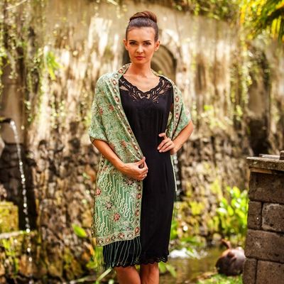 Alternate image for Batik Silk Shawl with Moss Green Floral Motifs from Bali Forest Waves in Moss Green