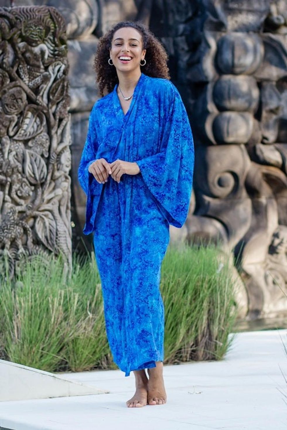 Long Handcrafted Batik and Tie Dyed Rayon Robe from Bali 'Misty Ocean'