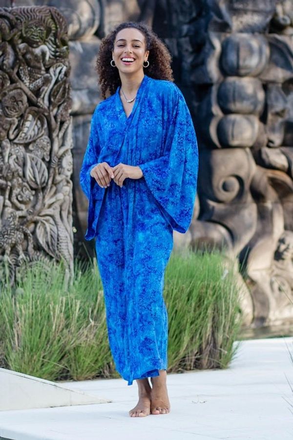 Alternate image for Long Handcrafted Batik and Tie Dyed Rayon Robe from Bali Misty Ocean
