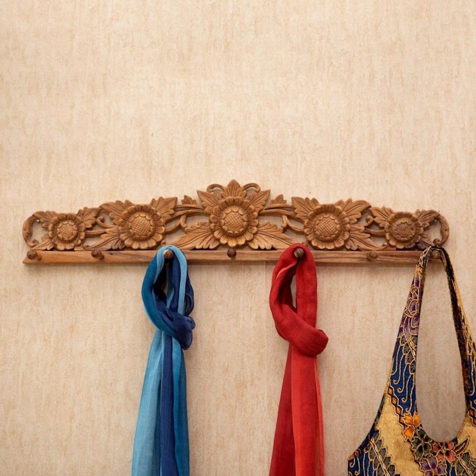 Sunflower Motif Carved Wooden Coat Rack from Bali 'Sunflower Blossoms'