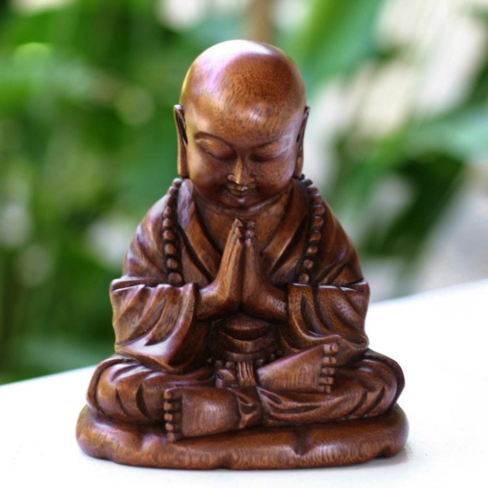 Unique Buddhism Wood Sculpture 'Little Buddha Praying'