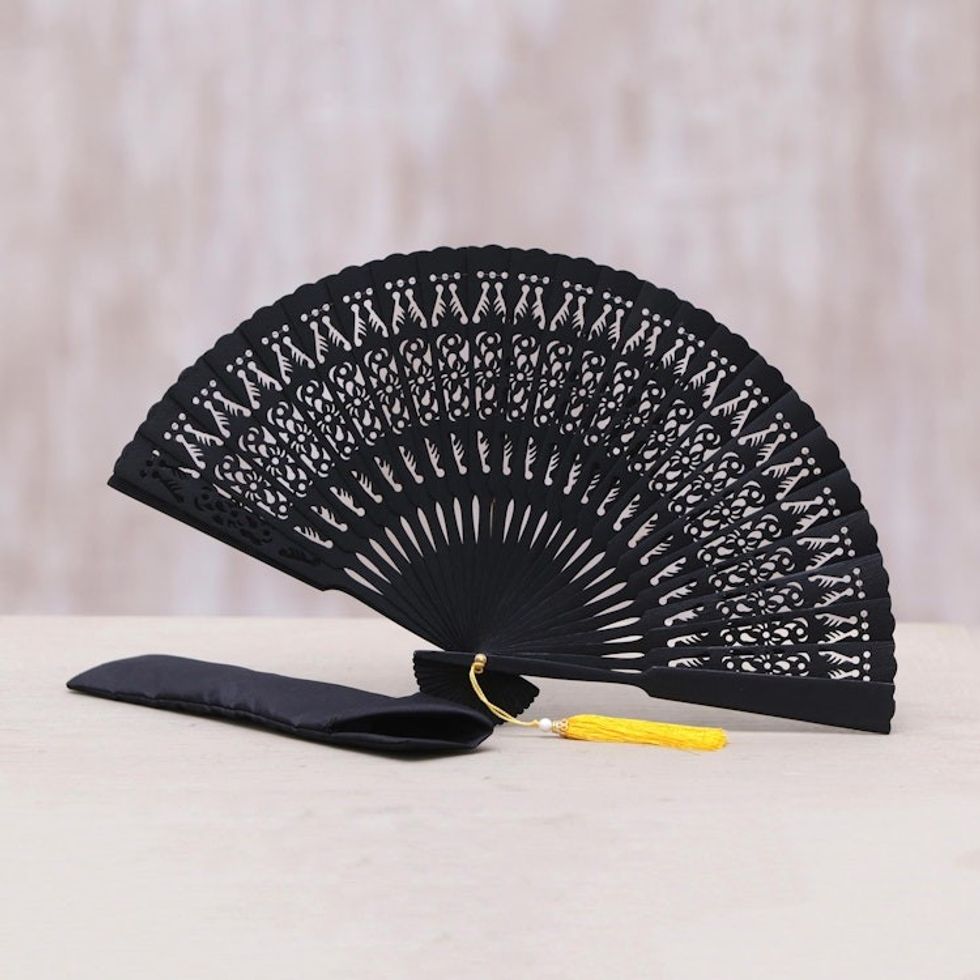 Hand Made Wood Fan in Black with Pouch from Indonesia 'Serenity Bloom in Black'