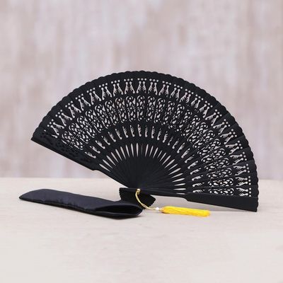 Alternate image for Hand Made Wood Fan in Black with Pouch from Indonesia Serenity Bloom in Black