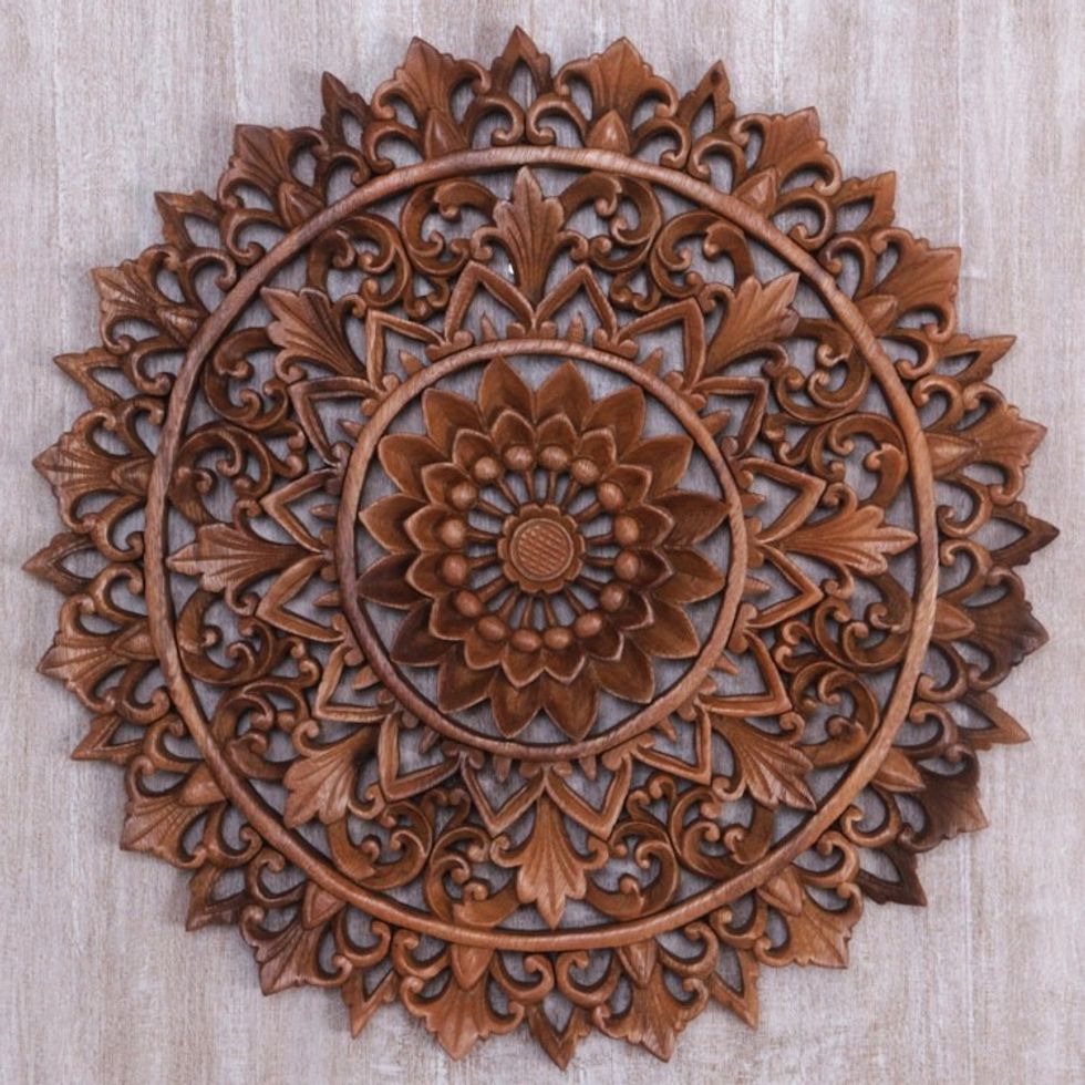 Circular Floral Wood Wall Relief Panel from Indonesia 'Padma Parade'