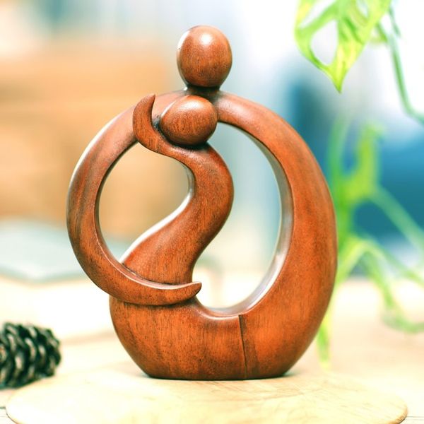 Alternate image for Hand-Carved Suar Wood Abstract Sculpture of Father and Son Sons Happiness