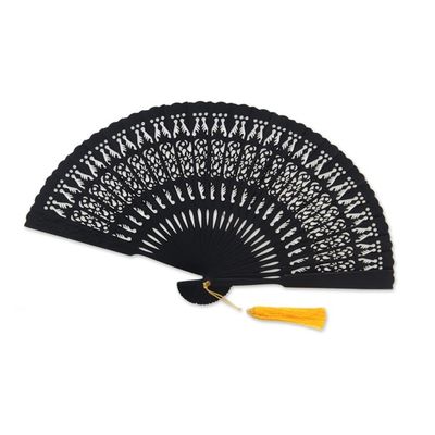 Alternate image for Hand Made Wood Fan in Black with Pouch from Indonesia Serenity Bloom in Black