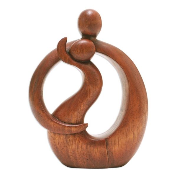 Alternate image for Hand-Carved Suar Wood Abstract Sculpture of Father and Son Sons Happiness