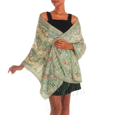 Alternate image for Batik Silk Shawl with Moss Green Floral Motifs from Bali Forest Waves in Moss Green