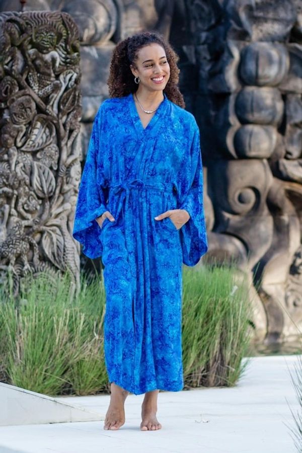 Alternate image for Long Handcrafted Batik and Tie Dyed Rayon Robe from Bali Misty Ocean