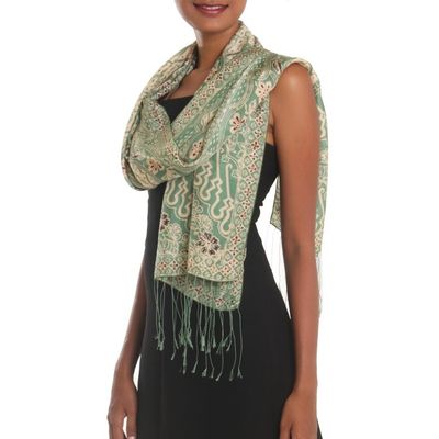 Alternate image for Batik Silk Shawl with Moss Green Floral Motifs from Bali Forest Waves in Moss Green