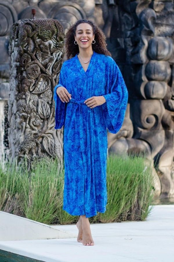 Alternate image for Long Handcrafted Batik and Tie Dyed Rayon Robe from Bali Misty Ocean