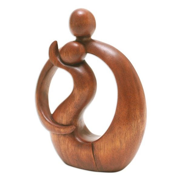 Alternate image for Hand-Carved Suar Wood Abstract Sculpture of Father and Son Sons Happiness