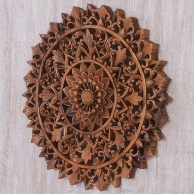 Alternate image for Circular Floral Wood Wall Relief Panel from Indonesia Padma Parade