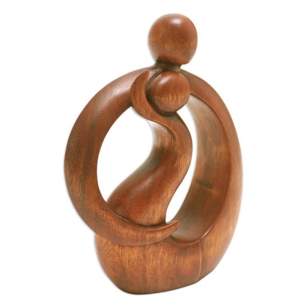 Alternate image for Hand-Carved Suar Wood Abstract Sculpture of Father and Son Sons Happiness