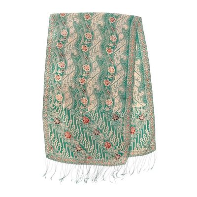 Alternate image for Batik Silk Shawl with Moss Green Floral Motifs from Bali Forest Waves in Moss Green