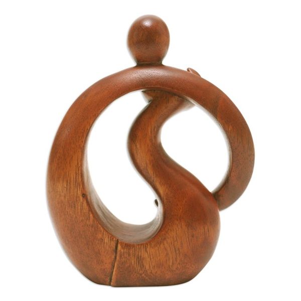 Alternate image for Hand-Carved Suar Wood Abstract Sculpture of Father and Son Sons Happiness