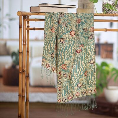 Alternate image for Batik Silk Shawl with Moss Green Floral Motifs from Bali Forest Waves in Moss Green