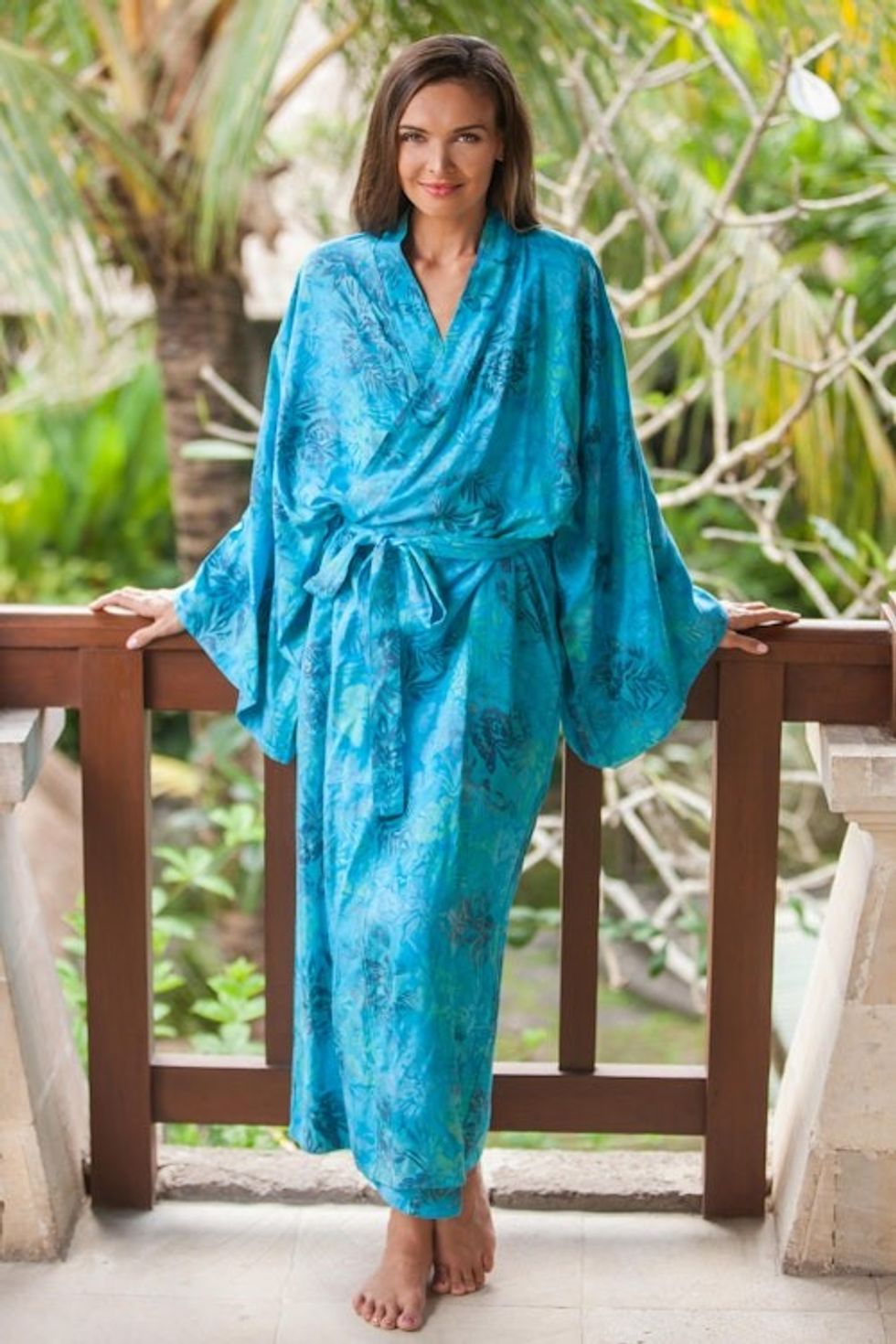 Blue and Green Rayon Morning Garden Batik Long Sleeved Robe 'Daylight Eden'