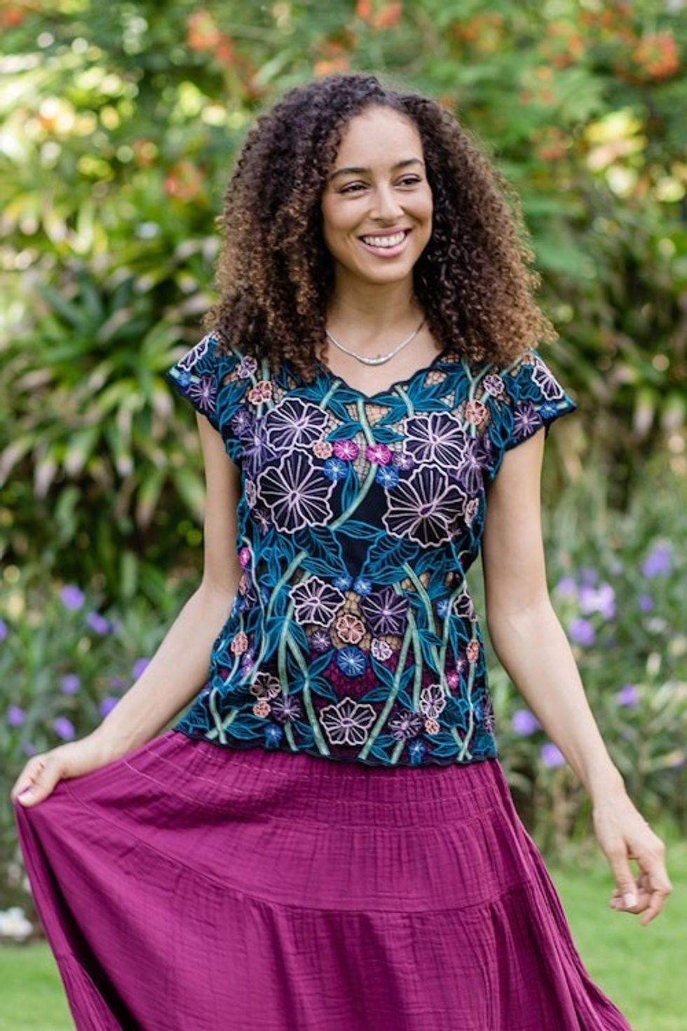 Floral Embroidered Rayon Blouse from Bali 'Lovely Garden'