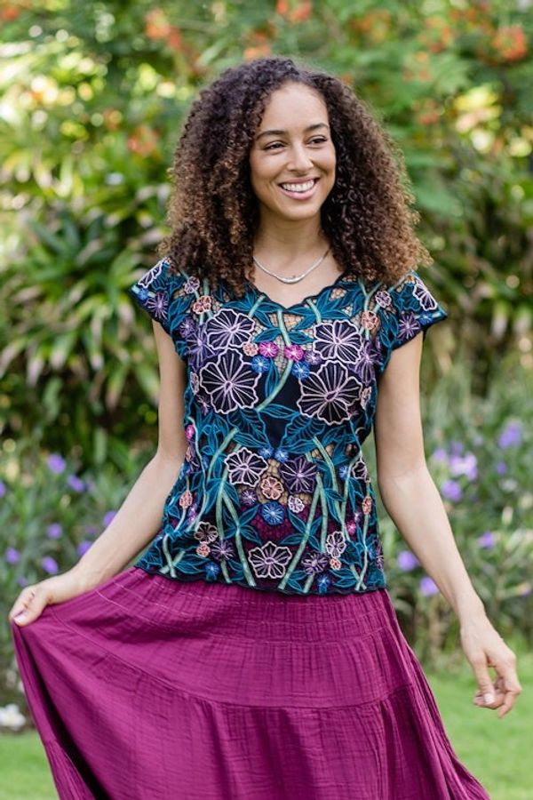 Alternate image for Floral Embroidered Rayon Blouse from Bali Lovely Garden