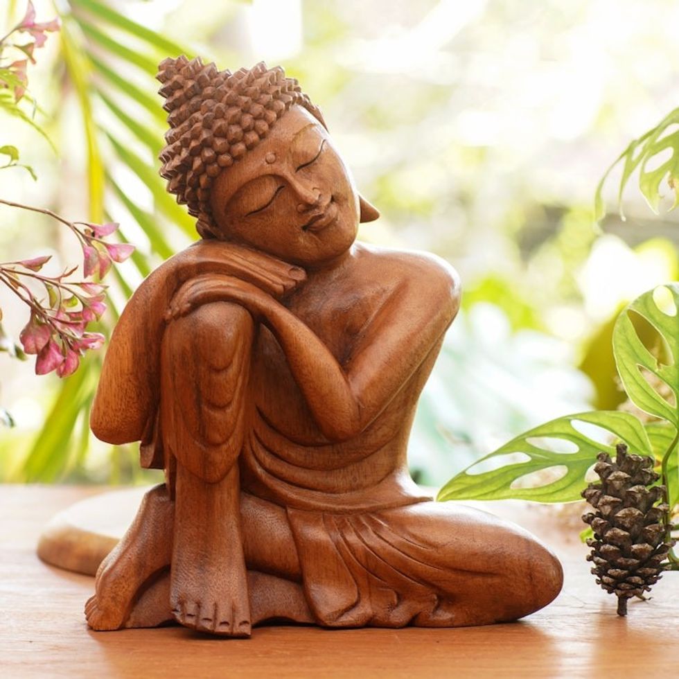 Balinese Hand-Carved Wood Buddha Statuette 'Relaxing Buddha'