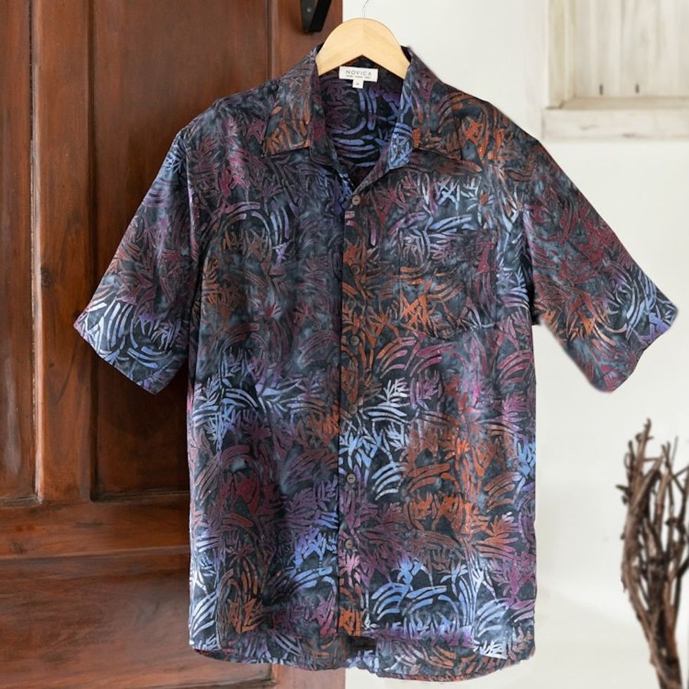 Men's Handcrafted Rayon Shirt with Burgundy Batik Pattern 'Burgundy Leaves'