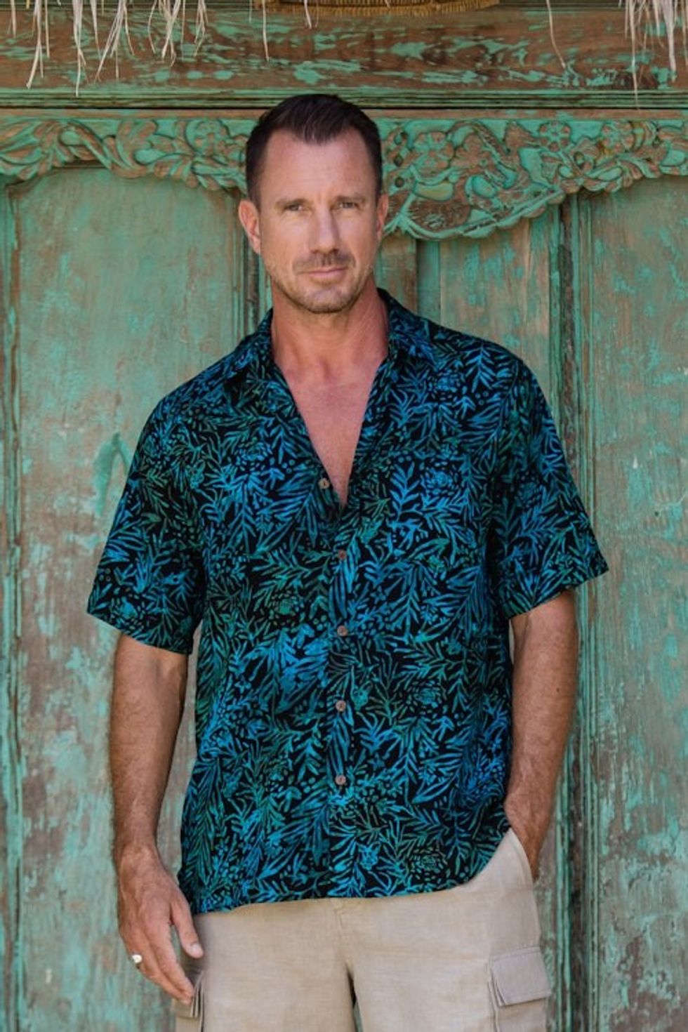 Men's Rayon Shirt with Leafy Batik Print in Green and Blue 'Night Jungle'