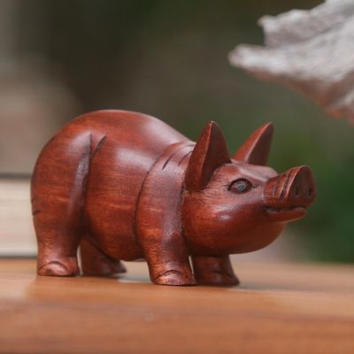 Alternate image for Hand Carved Wood Sculpture of a Pig Adorable Pig