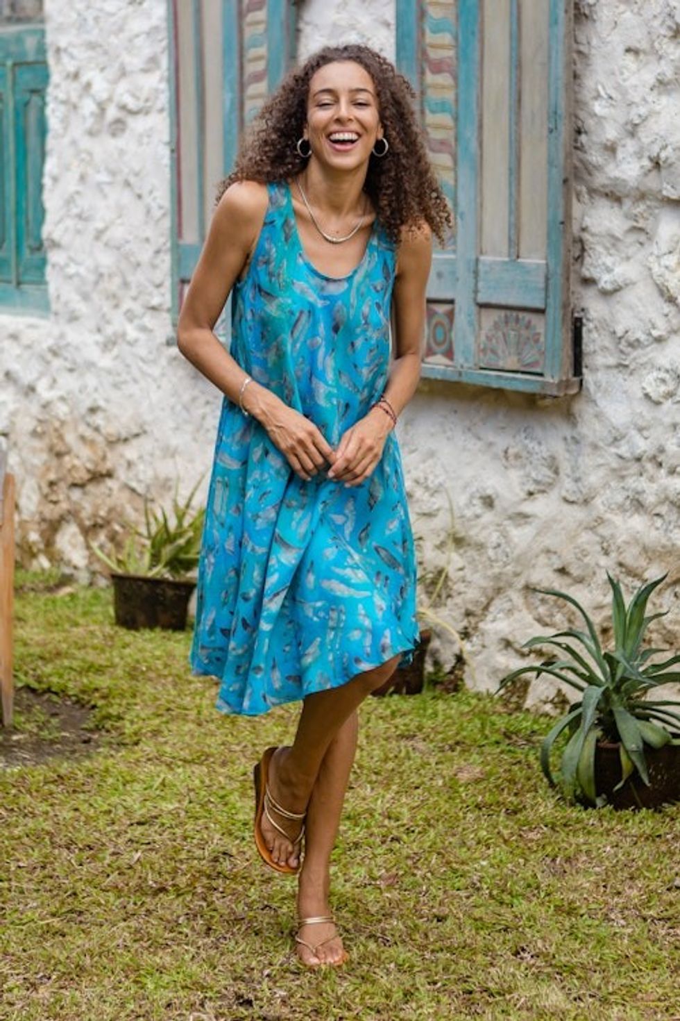 Indonesian Batik Rayon Sleeveless Dress in Blue Tones 'Abstract Petals'