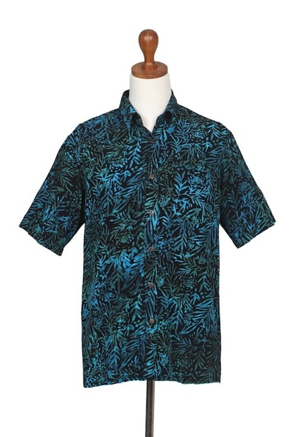 Alternate image for Mens Rayon Shirt with Leafy Batik Print in Green and Blue Night Jungle