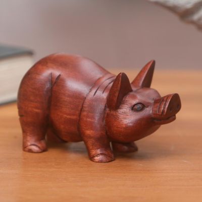 Alternate image for Hand Carved Wood Sculpture of a Pig Adorable Pig