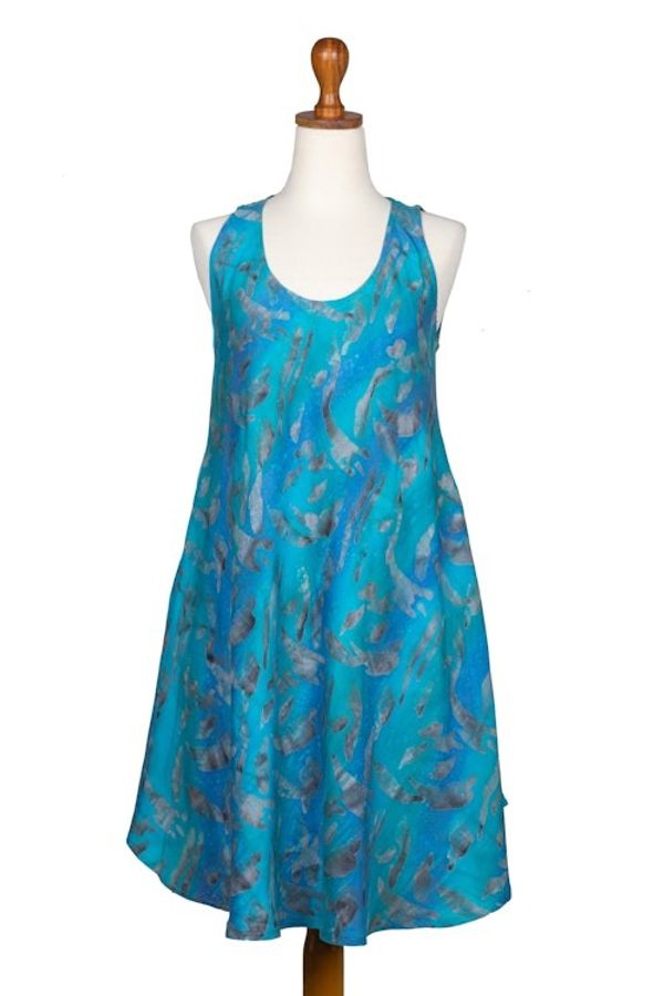 Alternate image for Indonesian Batik Rayon Sleeveless Dress in Blue Tones Abstract Petals