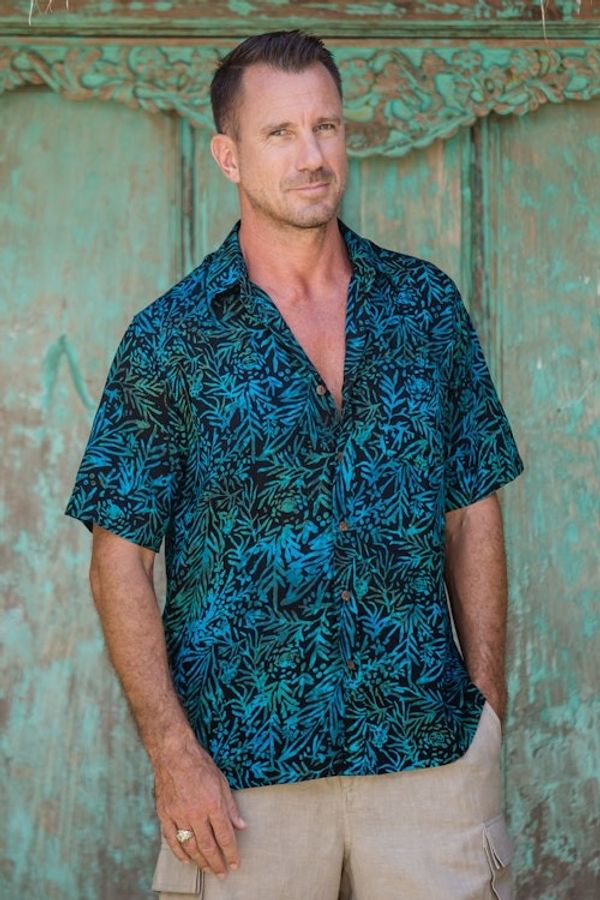 Alternate image for Mens Rayon Shirt with Leafy Batik Print in Green and Blue Night Jungle