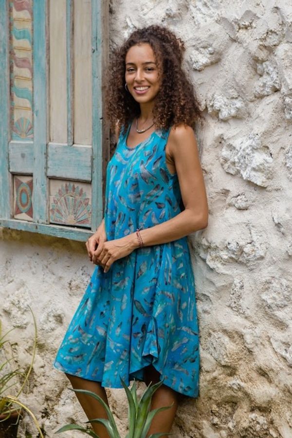 Alternate image for Indonesian Batik Rayon Sleeveless Dress in Blue Tones Abstract Petals