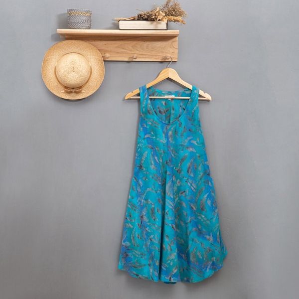 Alternate image for Indonesian Batik Rayon Sleeveless Dress in Blue Tones Abstract Petals