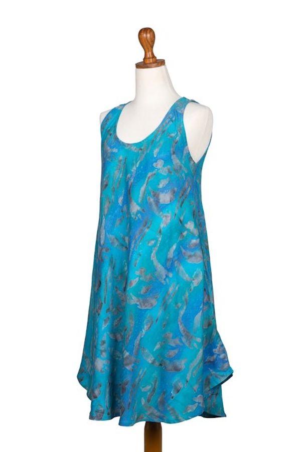 Alternate image for Indonesian Batik Rayon Sleeveless Dress in Blue Tones Abstract Petals