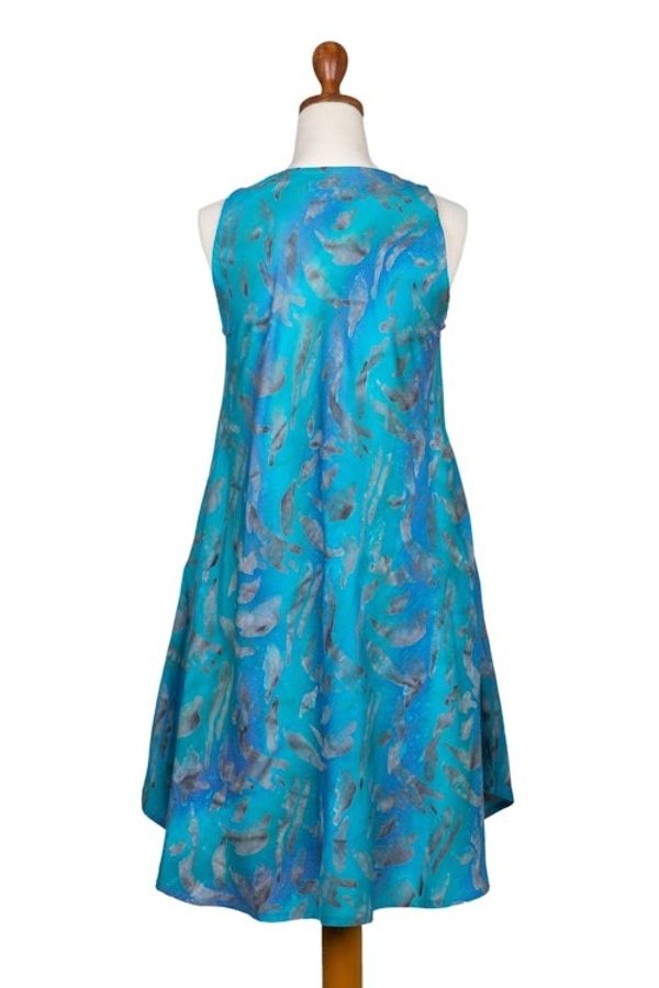 Alternate image for Indonesian Batik Rayon Sleeveless Dress in Blue Tones Abstract Petals