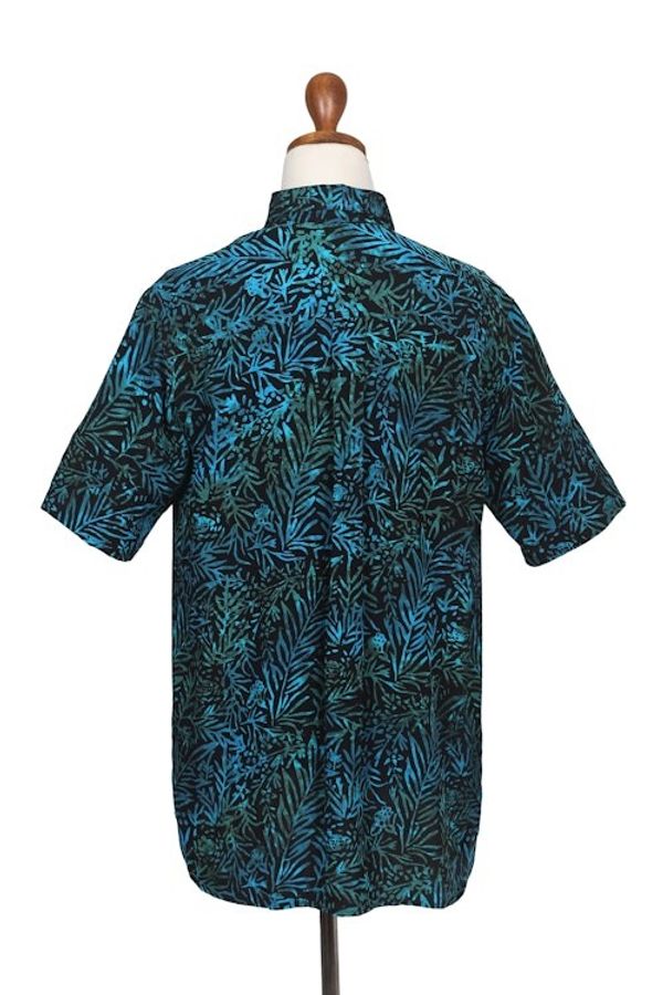 Alternate image for Mens Rayon Shirt with Leafy Batik Print in Green and Blue Night Jungle