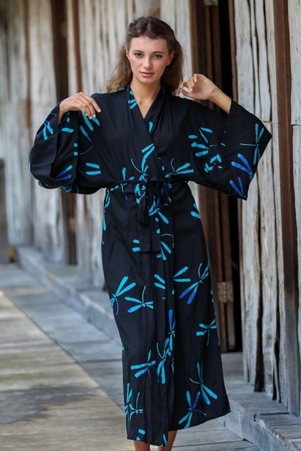 Alternate image for Handcrafted Black Batik Robe with Dragonflies from Bali Night Dragonflies