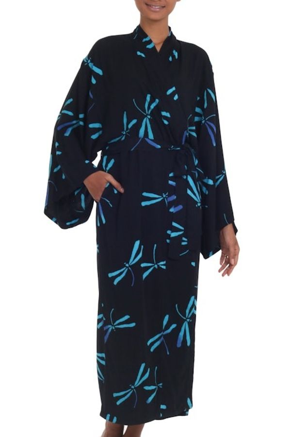 Alternate image for Handcrafted Black Batik Robe with Dragonflies from Bali Night Dragonflies