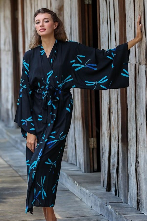 Alternate image for Handcrafted Black Batik Robe with Dragonflies from Bali Night Dragonflies