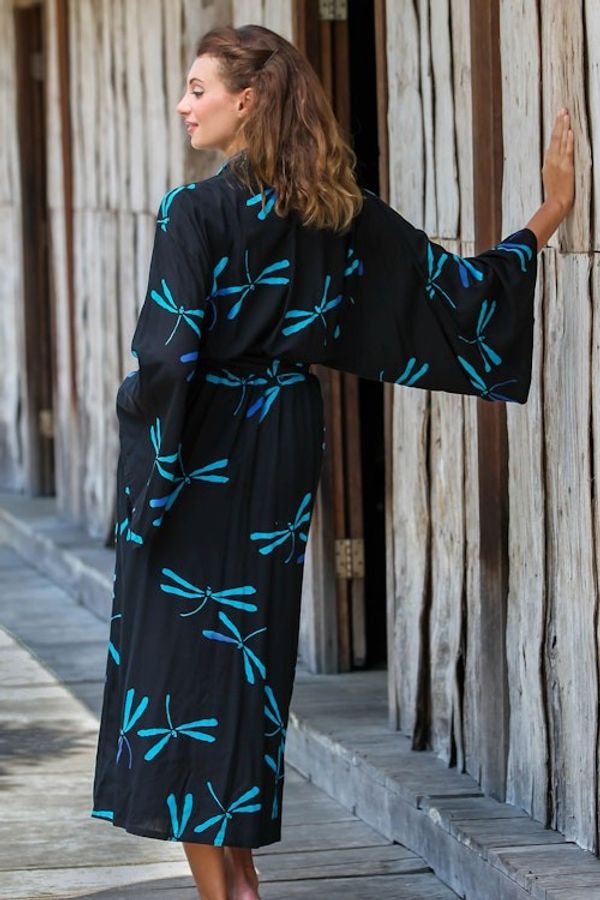 Alternate image for Handcrafted Black Batik Robe with Dragonflies from Bali Night Dragonflies